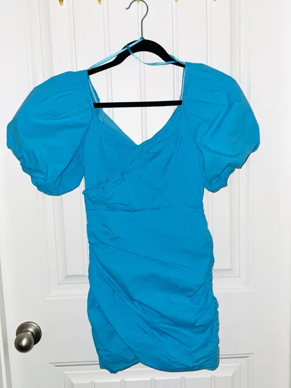 Lavish Bright Blue Puff-Sleeve Ruched Mini Dress - Image 3