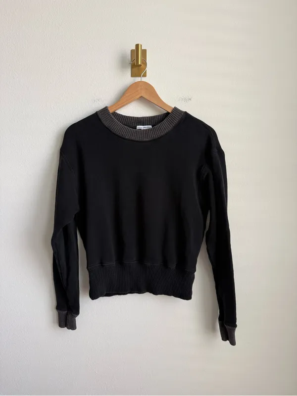 James Perse Cropped Contrast Rib Crewneck Sweatshirt Black Grey Medium - Image 2