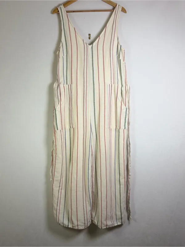 American Eagle Women’s Sz M Striped Cotton Linen Wide Leg Jumpsuit Boho Coastal - Image 3