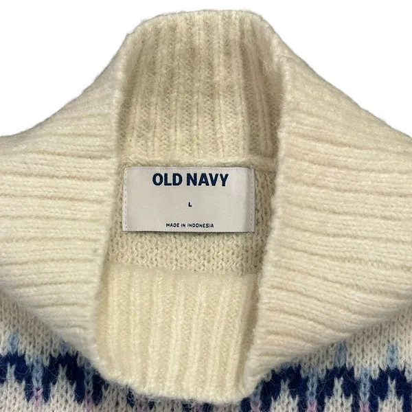 Old Navy Cozy Intarsia Fair Isle Mock Neck Sweater Cream Blue Wool Blend Large - Image 6