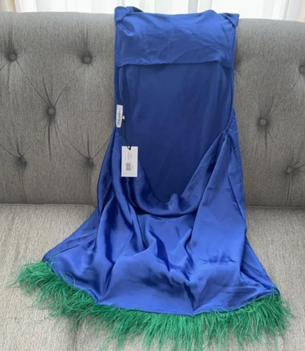 Weworewhat Blue Satin And green Feather Dress - Image 3