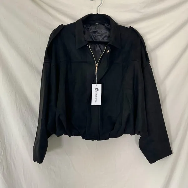 NWT Kissonic Faux Suede Bomber Jacket Oversized Long Sleeve Cropped Coat S - Image 3