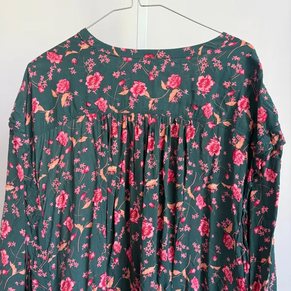 Free People Floral Mini Babydoll Dress Button Front Long Sleeve Green Pink M‎ - Image 11