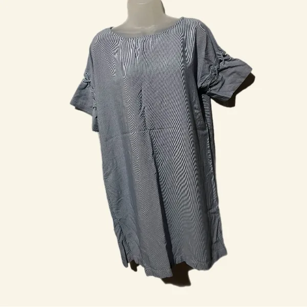 Madewell Blue Cold Shoulder Flutter Sleeve Stripe Laced up Dress coastal chic‎ M - Image 3