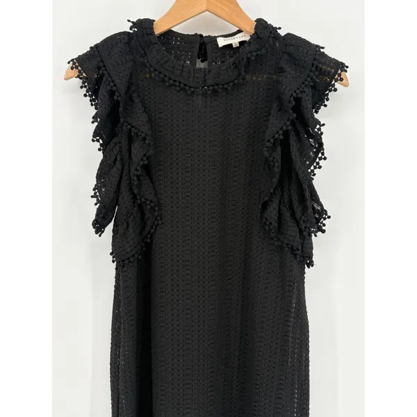 Sugar + Lips‎ Eyelet Ruffle Mini Dress Womens Small Black Pom Pom Trim STD10938 - Image 7