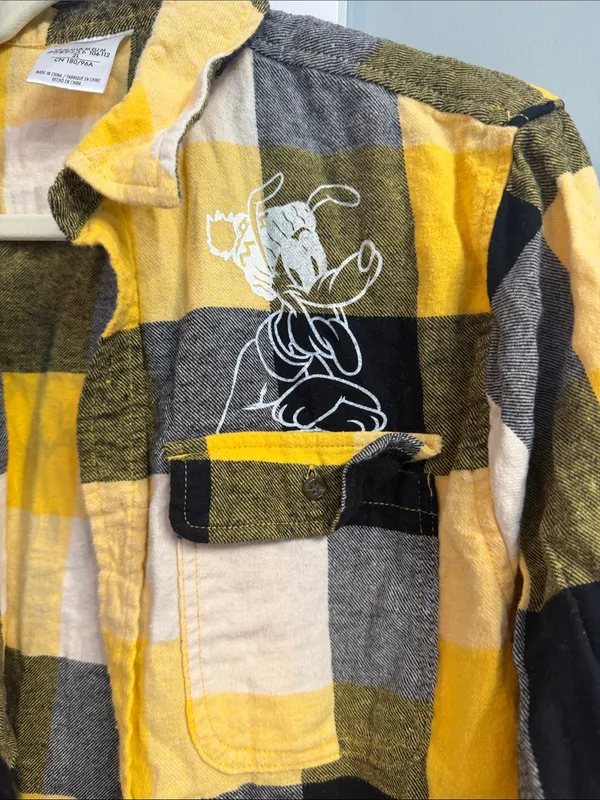 Disney Parks Yellow Black & Gray Plaid Pluto Flannel Shirt medium EUC holiday - Image 4