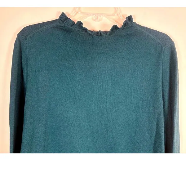 J Crew Green Ribbed Ruffle Neck Long Sleeve‎ Cotton Sweater Women's Medium - Image 6