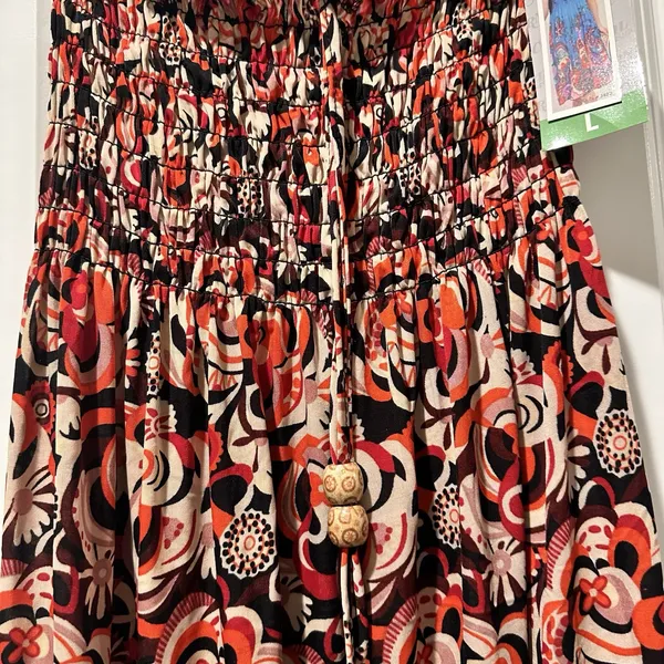 Carnival Fashion Womens Strapless Smocked Midi Dress Orange Black Floral Large - Image 2