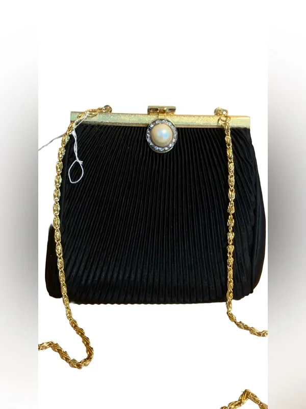 Slg Black And Gold Faux Pearl & Rhinestone Clasp Boxy Evening Bag - Image 3