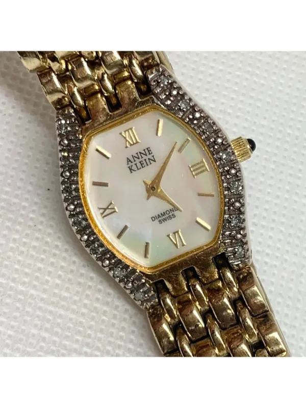 Vintage Anne Klein Swiss Diamond gold tone watch 22mm Quartz Mop dial running - Image 2