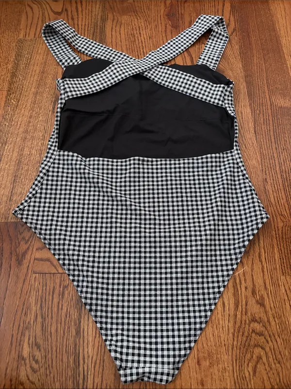 aerie Black & White Gingham One-Piece Swimsuit with Crossback Straps Size XL - Image 3