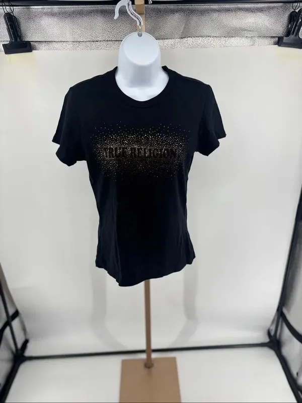 True Religion Gold Stud Embellished Crew Neck Tee Womens Small Black Bling - Image 7