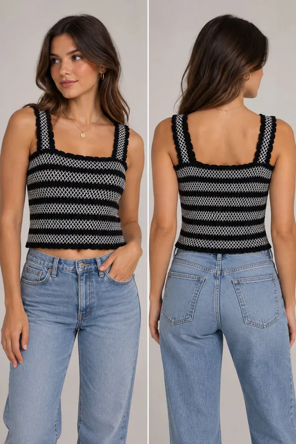 Aeropostale Black and White Striped Smocked Crop Tank Top - Image 2