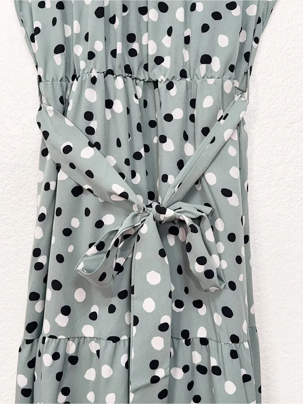 Miss Sparkling Sage Green Polka Dot Tiered Maxi Dress Belted Adjustable Strap - Image 6
