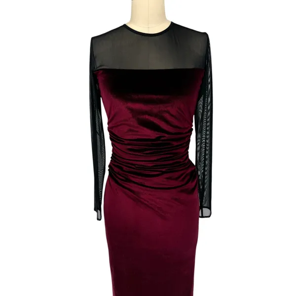 New! Amanda Uprichard Burgundy Velvet‎ Mesh Midi Dress Ruched Long Sleeve Small - Image 4