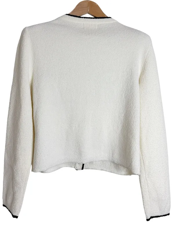 Marled Cream Bouclé Fuzzy Cardigan with Black Trim Minimalist Preppy size M - Image 2