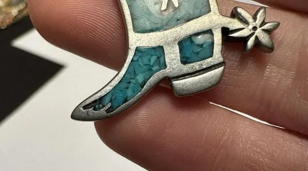 Signed COP Pewter Silver Tone / Turquoise Blue Color Cowgirl Boot With Spur - Image 4