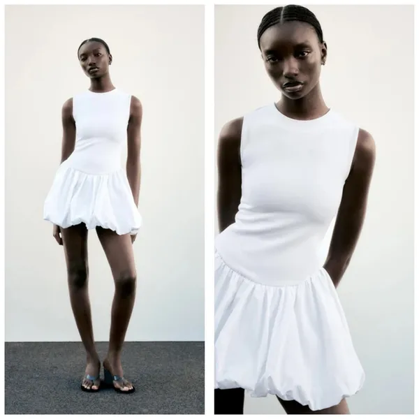 NWT Zara White Bubble Dress Size Small Sleeveless Stretch Drop Waist 4424/151 - Image 2