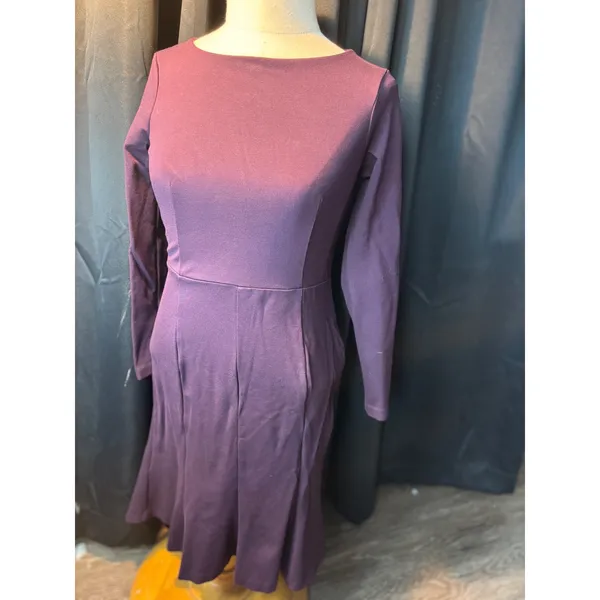 Ann Taylor‎ Petite Purple Long Sleeve Boat Neck Flounce Hem Sheath Dress 0P - Image 2