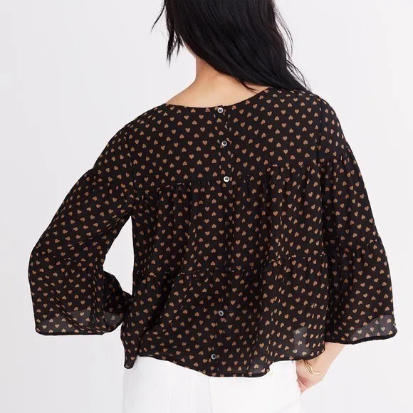 MADEWELL Silk Black Gold Heart Flip Button Back Tiered Top Blouse X-Small - Image 8