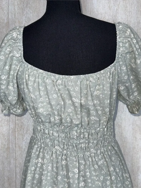 Iris Sage Green Floral Linen Blend Mini Dress L Puff Sleeve Cinched Waist Cottagecore - Image 5