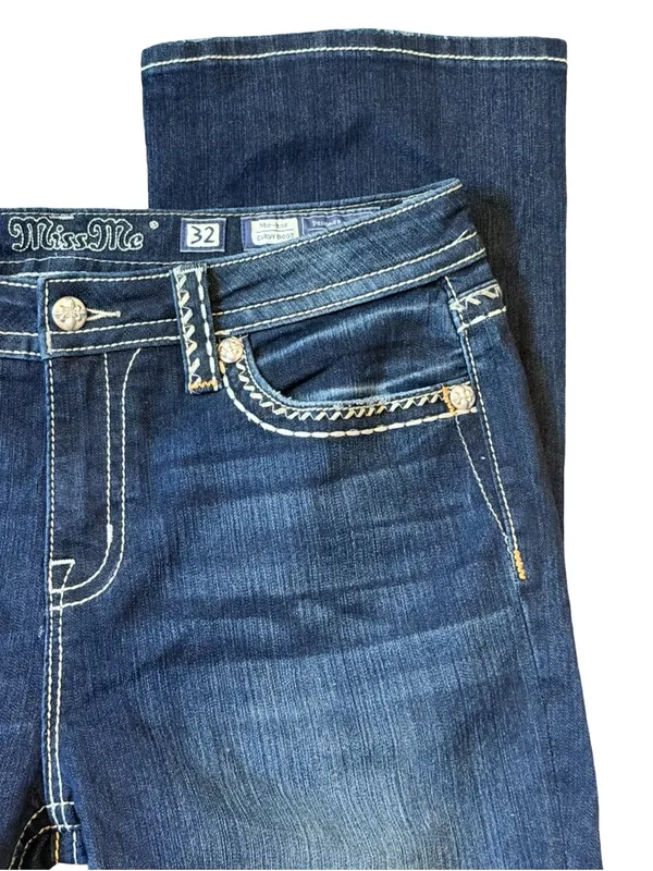 Miss Me Dark Wash Bootcut Jeans • White Stitching • Rhinestone Back Pockets • 32 - Image 4