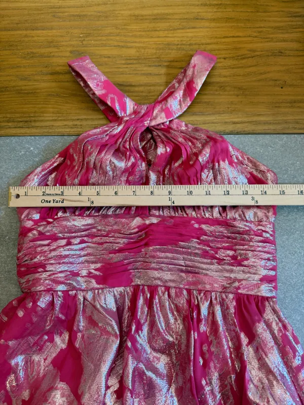 Aidan Mattox Pink Silk Silver Metallic Halter Gown Size 4 - Image 7