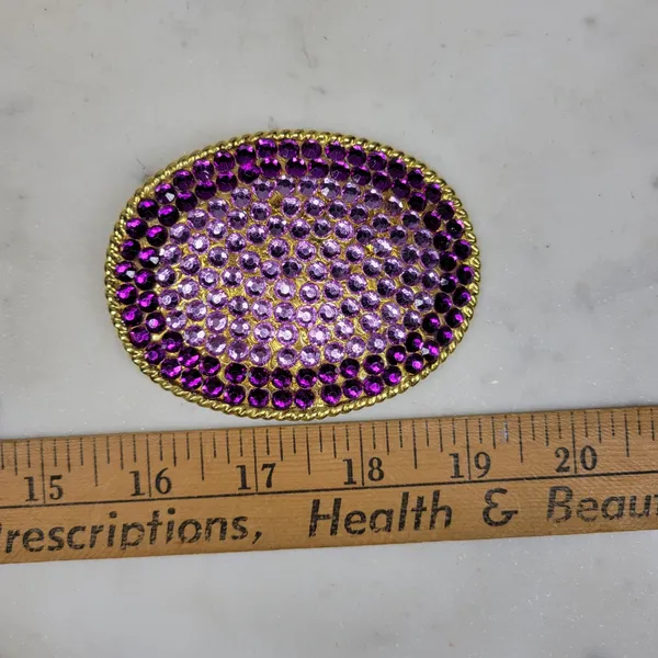 Vintage 1995 Rhinestone Belt Buckle Purple Gold Tone Oval Rope Border Y2K Retro - Image 9