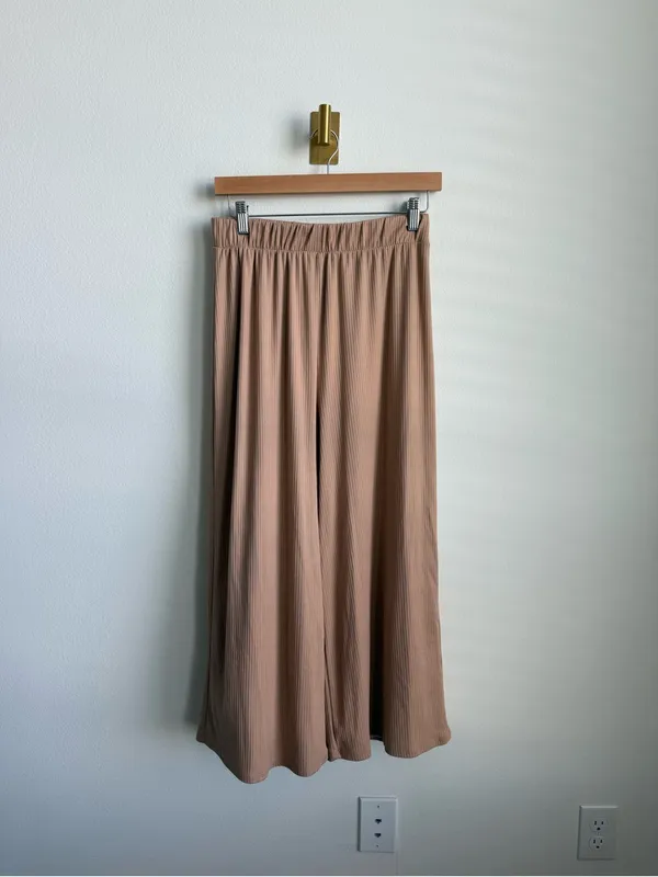 Dressed in Lala Ribbed Wide Leg Pull-On Pants Beige Tan Medium - Image 2