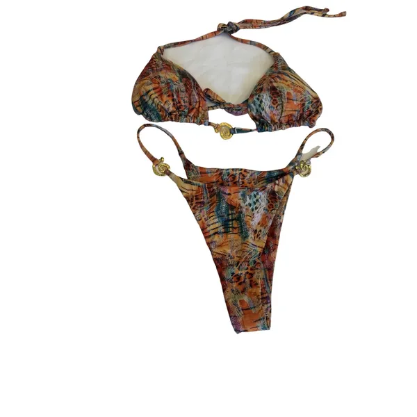 NWT Animal Print String Bikini Set Gold Hardware 2 Piece Swimsuit Medium - Image 9