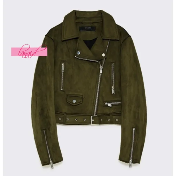 Zara Belted Suede Effect Biker Jacket Olive Military Moto Edgy Punk Cropped Coat - Image 7