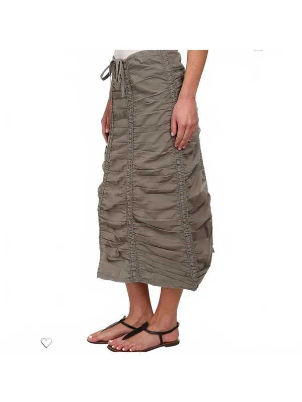 XCVI Stretch Poplin Double Shirred Panel Midi Skirt Boho Drawstring Waist Small - Image 3