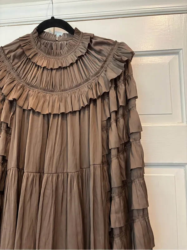 Ulla Johnson Elsa Mini Dress Mica Taupe Ruffled Tiered Satin Size Medium Large - Image 4