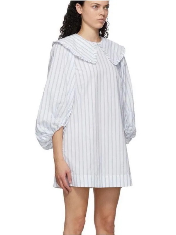 Ganni Blue White Stripe Balloon Sleeve Mini Dress Peter Pan Collar EU 38 US 6 - Image 2