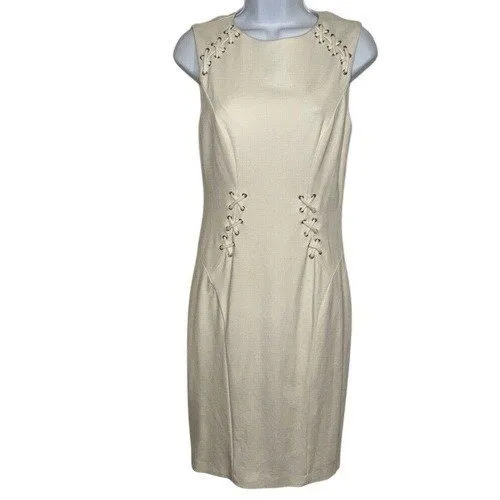 CACHE‎ Ivory Lace Up Grommet Cut Out Back Sleeveless Sheath Dress EUC Size 6 - Image 2