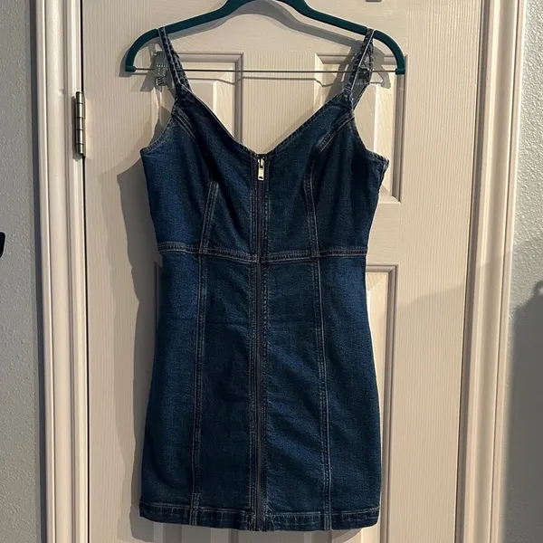 American Eagle Denim Stretch Mini Dress Zip Front Womens M Preppy Western Casual - Image 7