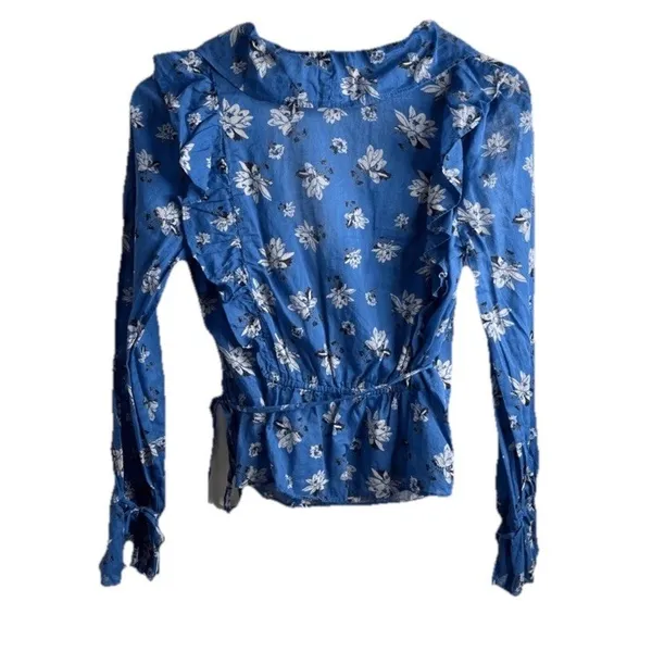 Free People Amanda Ruffle Detail Wrap-Style Blouse in‎ Blue Floral XS - Image 4