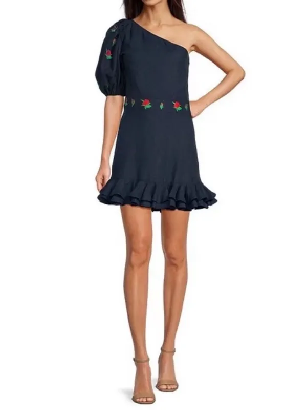 FANM MON Navy Linen Mini Dress with Floral Embroidery | XS - Image 2