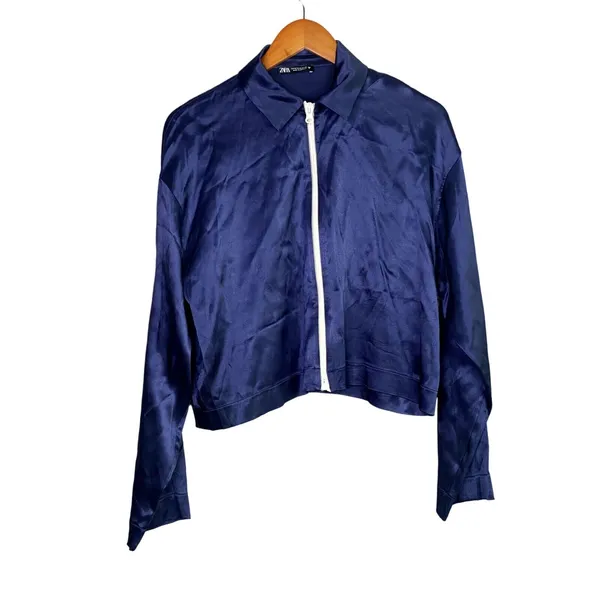 Zara Long Sleeve Satin Effect Crop Track Jacket Stretch Pockets M Sapphire Blue - Image 2
