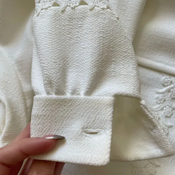 Vintage 60s Handmade Skirt Set Three‎ Piece Jacket Top Eyelet Sz S Off White - Image 5