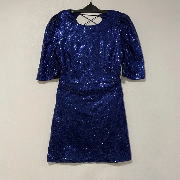 Altar’d State Navy Sequin Mini Dress M Puff Sleeve Open Back Party - Image 3