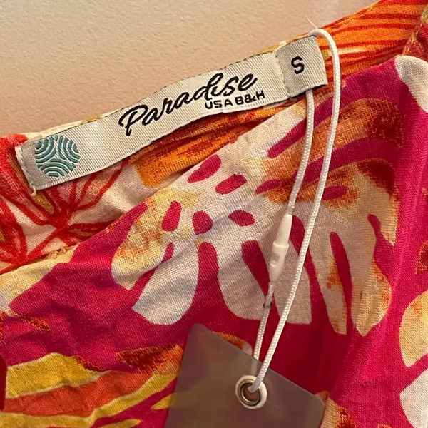 Paradise USA Tropical Leaf Sharkbite Hem Sundress Pink Orange Yellow Small‎ - Image 3