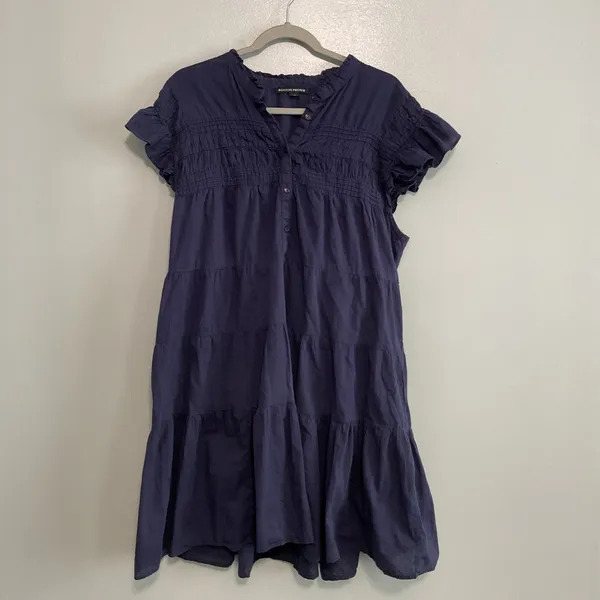 Boston Proper Tiered‎ Mini Dress Women XL Navy Blue Smocked Ruffle Short Sleeve - Image 2