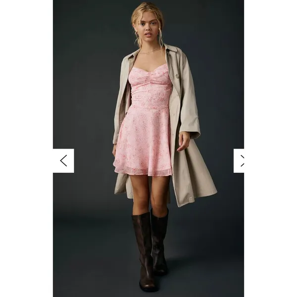 Urban Outfitters Fit-And-Flare Chiffon Mini Dress Pink Roses Medium Coquette NEW - Image 3