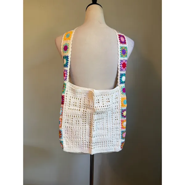 Boho Crochet Granny Square Hobo Shoulder Bag Cream Multi Retro y2k whimsi dainty - Image 2