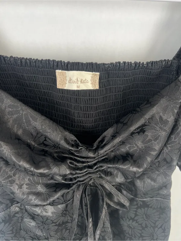 Title: Altar’d State Black Satin Floral Puff Sleeve Open Back Mini Dress M - Image 3