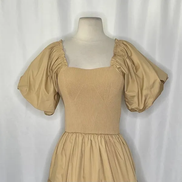 NWT! ENDLESS ROSE Mix Media Mini Dress Latte Brown Puff Sleeves Corset Bodice XS - Image 3