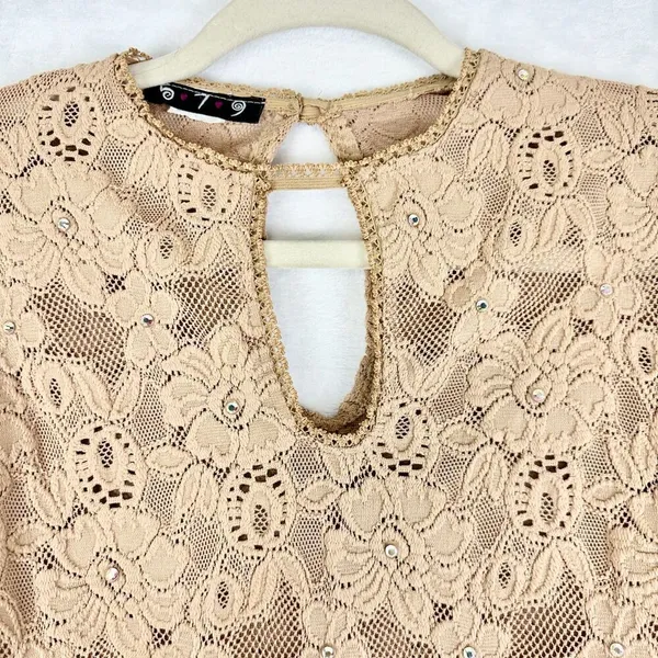 Vintage 579 Y2K Lace Mesh Jewelled Bell Sleeve Top Size XS Keyhole Fairy - Image 3