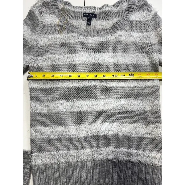 FANG Grey White Striped Fuzzy‎ Knit Crew Neck Sweater Womens Medium Pullover - Image 8
