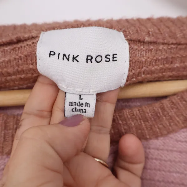 Pink Rose Womens Striped Crewneck Sweater Pink Brown Large - Image 2